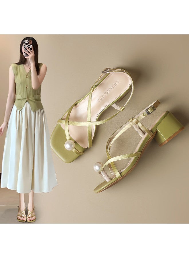 ZHR 【pearl Buckle】 صندل أنيق نحيف خفيف الوزن بكعب روماني مكتنز، صندل بحزام واحد للنساء، صنادل سيدات صيفية - Image 2