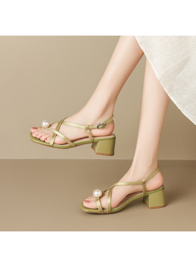 ZHR 【pearl Buckle】 صندل أنيق نحيف خفيف الوزن بكعب روماني مكتنز، صندل بحزام واحد للنساء، صنادل سيدات صيفية - Image 3