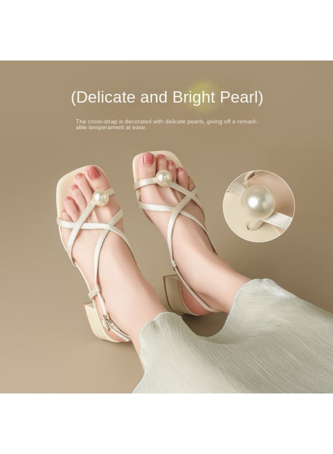 ZHR 【pearl Buckle】 صندل أنيق نحيف خفيف الوزن بكعب روماني مكتنز، صندل بحزام واحد للنساء، صنادل سيدات صيفية - Image 5