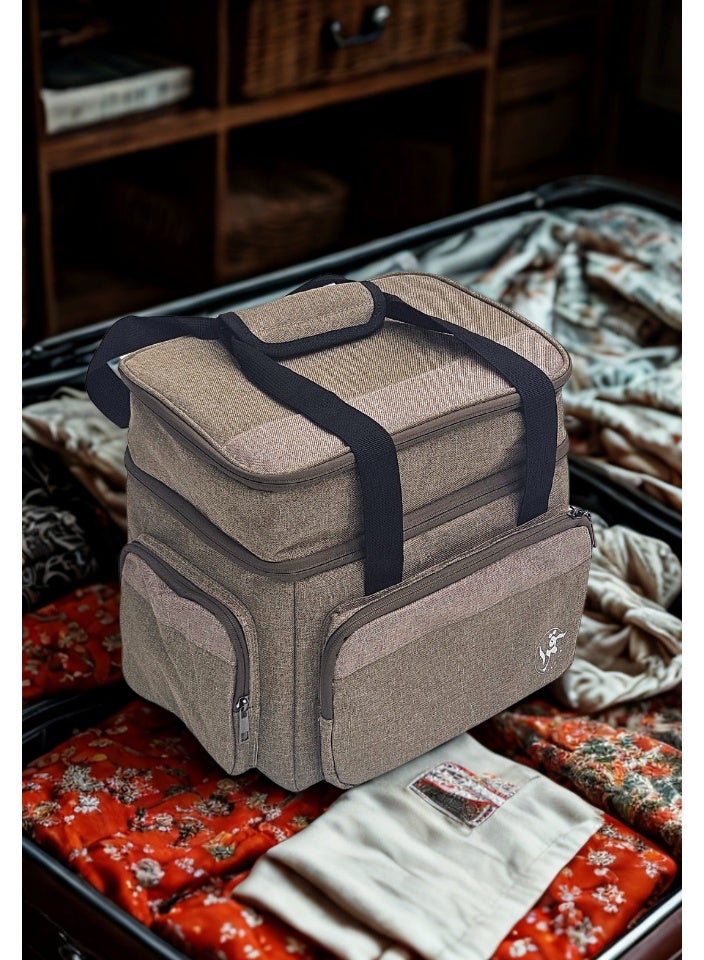 قمرا حقيبة تخييم وسفر ذات طابقين مع جيوب متعددة وبطانة داخلية، مصنوعة من قماش أكسفورد متين ومقاوم للماء، مثالية لتنظيم العناصر أثناء الرحلات والتخييم (28 × 20 × 28 سم) - Image 1