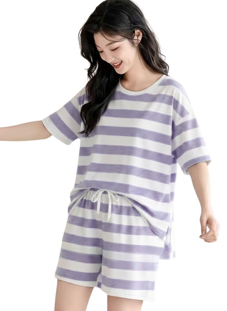 SMOWKLY Women Korean Shorts Pajama Set Cotton Blend Nightwear Set Top & Shorts Sleepwear Lounge Wear Soft Comfortable Night Suit Ladies Summer Night Dress Co-Ord Home Wear Set(1504_PRL_XS) Purple - Image 5
