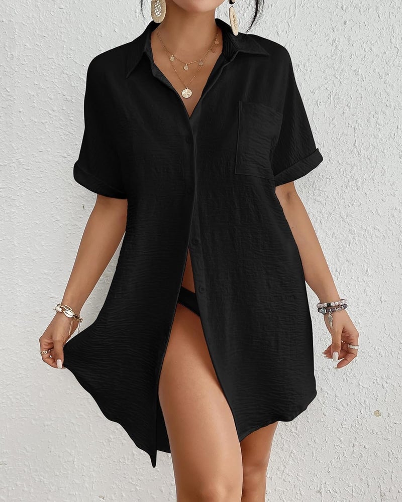 Bsubseach Women Swimsuit Coverup Shirt Dress Button Down Bathing Suit Cover Up Beachwear Black S - Image 3