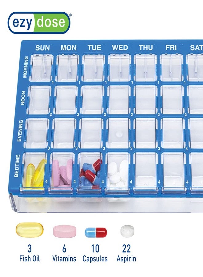 EZY DOSE Weekly (7-Day) Pill Organizer, Vitamin and Medicine Box, Medium Compartments with Easy Fill Tray, 4 Times a Day, Clear Lids, Color May Vary, BPA Free - Image 3