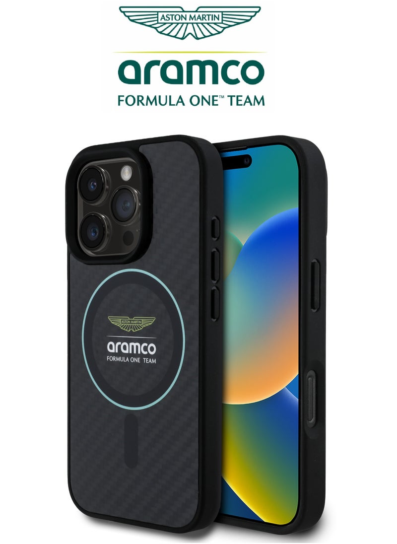 CG MOBILE iPhone 16 Pro max case with strong back protection for the mobile phone. iPhone 16 Pro max mobile phone case made of strong and luxurious carbon fiber. iPhone 16 Pro max cover with a luxurious French design. Original cover iphone 16 pro max certified by the global brand Aston Martin (Aramco). Mobile iphone cover supports wireless charging MagSafe. Black  - Image 1