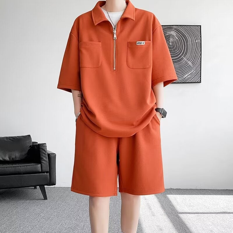 Ice Silk Short-Sleeved T-Shirt Men'S Summer Trendy Shorts Casual Sports Suit Seven-Sleeved Comfortable Half Zipper Polo Shirt - Image 4