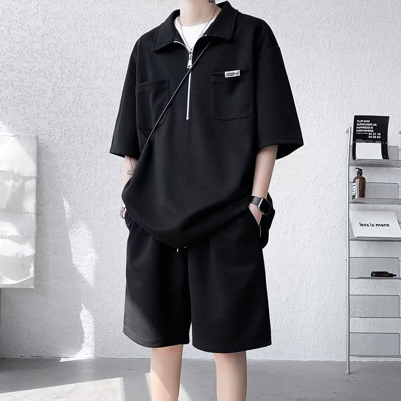 Ice Silk Short-Sleeved T-Shirt Men'S Summer Trendy Shorts Casual Sports Suit Seven-Sleeved Comfortable Half Zipper Polo Shirt - Image 2