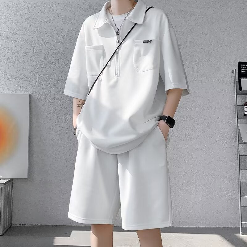 Ice Silk Short-Sleeved T-Shirt Men'S Summer Trendy Shorts Casual Sports Suit Seven-Sleeved Comfortable Half Zipper Polo Shirt - Image 1