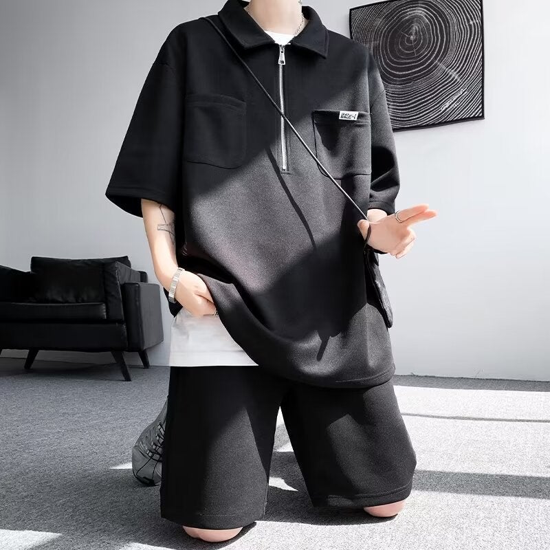 Ice Silk Short-Sleeved T-Shirt Men'S Summer Trendy Shorts Casual Sports Suit Seven-Sleeved Comfortable Half Zipper Polo Shirt - Image 5