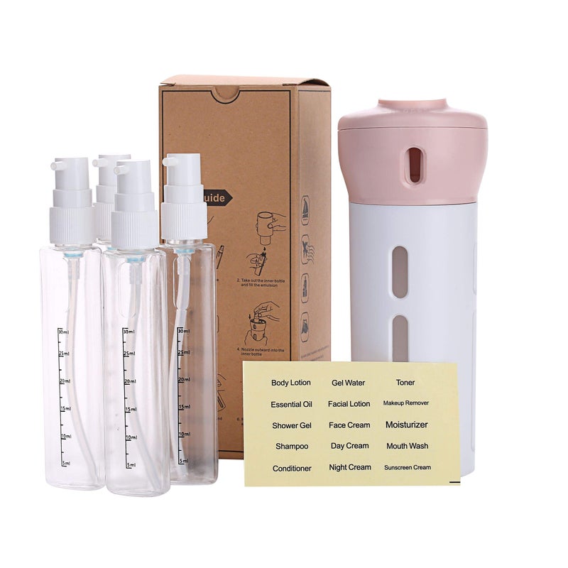 CHIVENIDO Travel Dispenser Toiletries Containers:4 in 1 Travel Dispenser,40ml/4 Pcs 4 in 1 Travel Bottle Refillable Lotion Shampoo Gel TSA Approved Travel Dispenser Bottles with Labels(Pink) - Image 1