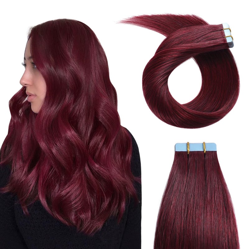 YILITE Red Tape in Hair Extensions Human Hair,18inch 50g 20Pcs #99J 100% Remy Human Hair,Seamless Skin Weft Burgundy Tape ins