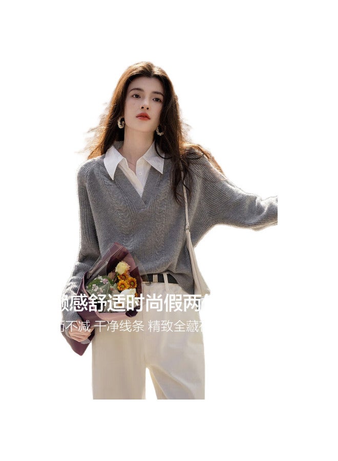 dme [Cloud Sweater] Spring And Autumn Simple Style Commuter Patchwork Lapel Soft Velvet Shawl Slimming Knit Sweater Women'S Top - Image 1