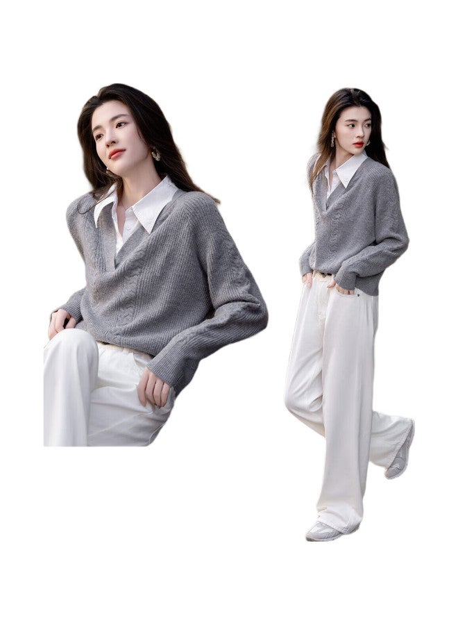 dme [Cloud Sweater] Spring And Autumn Simple Style Commuter Patchwork Lapel Soft Velvet Shawl Slimming Knit Sweater Women'S Top - Image 2