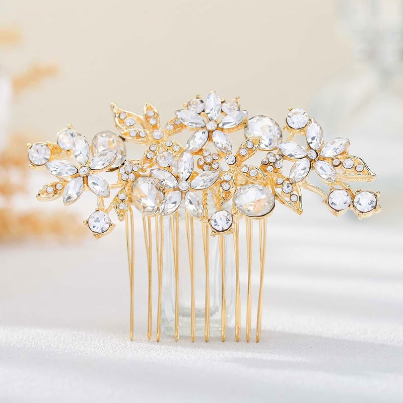Olbye Rhinestone Crystal Bridal Headpiece  Flower Hair Comb Clips for Brides Bridesmaids and Women Gold