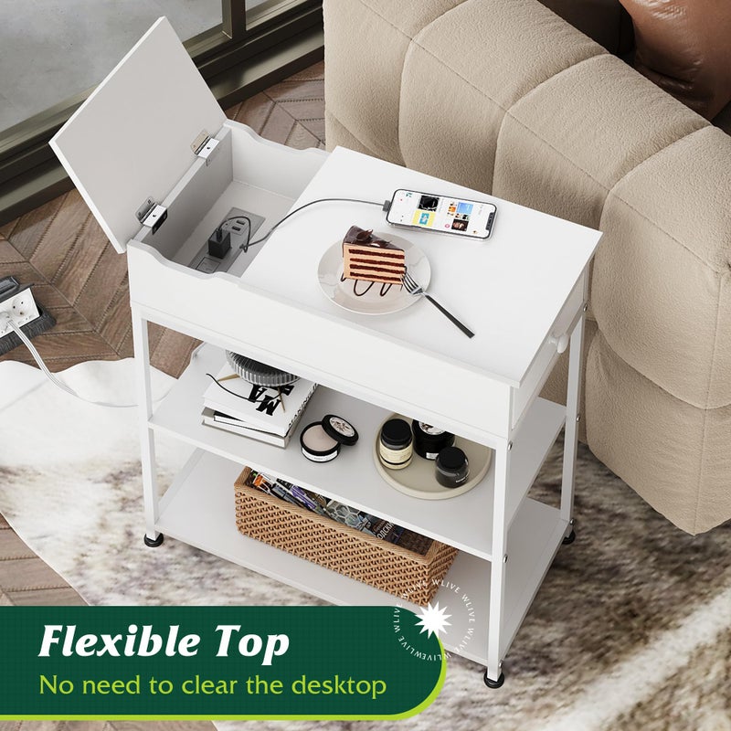 WLIVE Narrow Side Table with Charging Station, Couch Side Table for Living Room, Narrow End Table for Bedroom with Fabric Drawer, USB Ports and Power Outlets, Samll Nightstand Bedside Tables, White - Image 4
