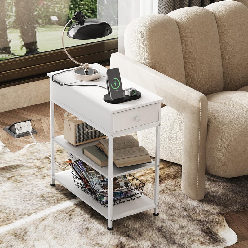 WLIVE Narrow Side Table with Charging Station, Couch Side Table for Living Room, Narrow End Table for Bedroom with Fabric Drawer, USB Ports and Power Outlets, Samll Nightstand Bedside Tables, White - Image 3