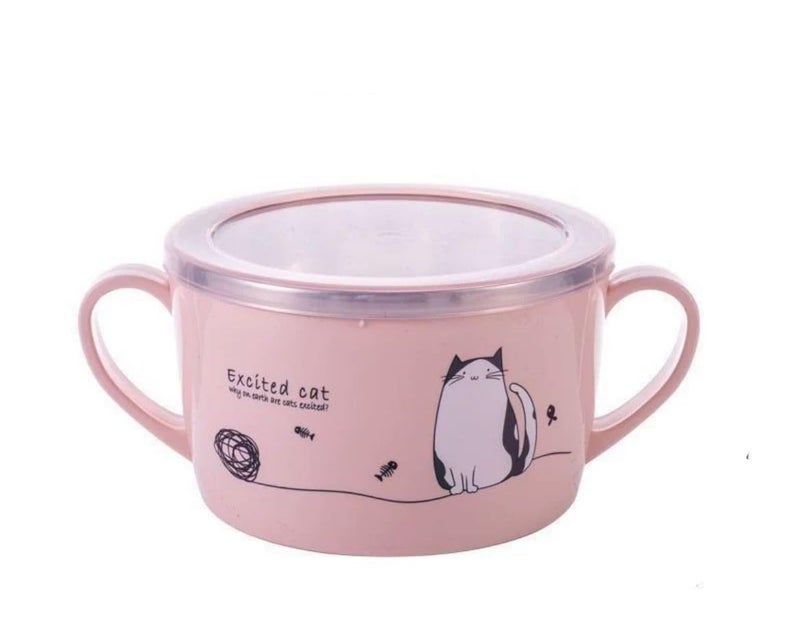 Kids Lunch Box with Spoon Double Ear Lunch Box Fresh Keeping Food Round Container with Airtight Lid-600ml (Pink)