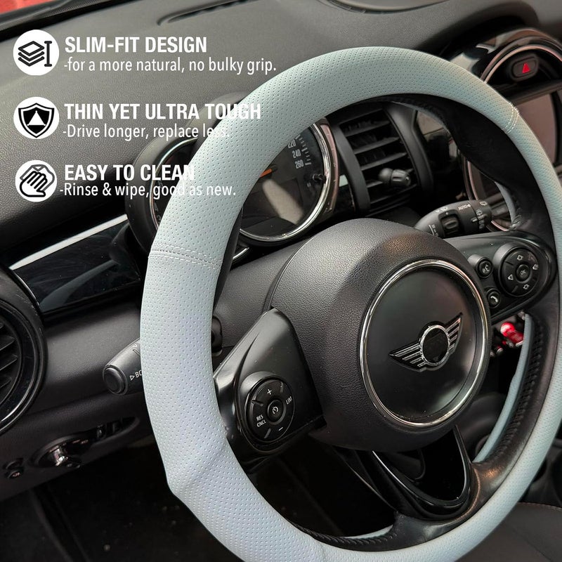 PINCTROT Large Size Nappa Leather Steering Wheel Cover with Ergonomic Palm Support Grip, Full Perforated Breathable, Slim Fit No Bulk Design,15.5-15.75 Inch(Ice Blue) - Image 3
