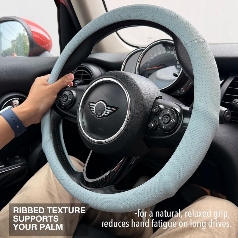 PINCTROT Large Size Nappa Leather Steering Wheel Cover with Ergonomic Palm Support Grip, Full Perforated Breathable, Slim Fit No Bulk Design,15.5-15.75 Inch(Ice Blue) - Image 2
