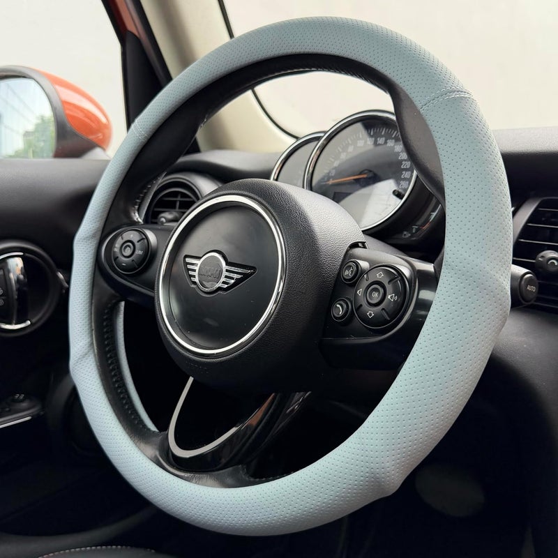 PINCTROT Large Size Nappa Leather Steering Wheel Cover with Ergonomic Palm Support Grip, Full Perforated Breathable, Slim Fit No Bulk Design,15.5-15.75 Inch(Ice Blue) - Image 1