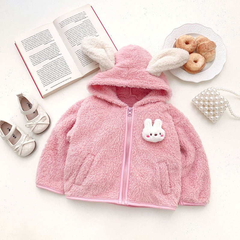 Kids Bunny Hooded Jacket Cute Fleece Autumn Winter Khaki  - Image 3