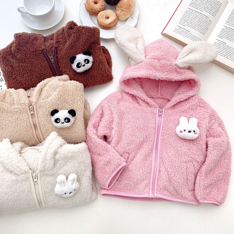 Kids Bunny Hooded Jacket Cute Fleece Autumn Winter Khaki  - Image 5