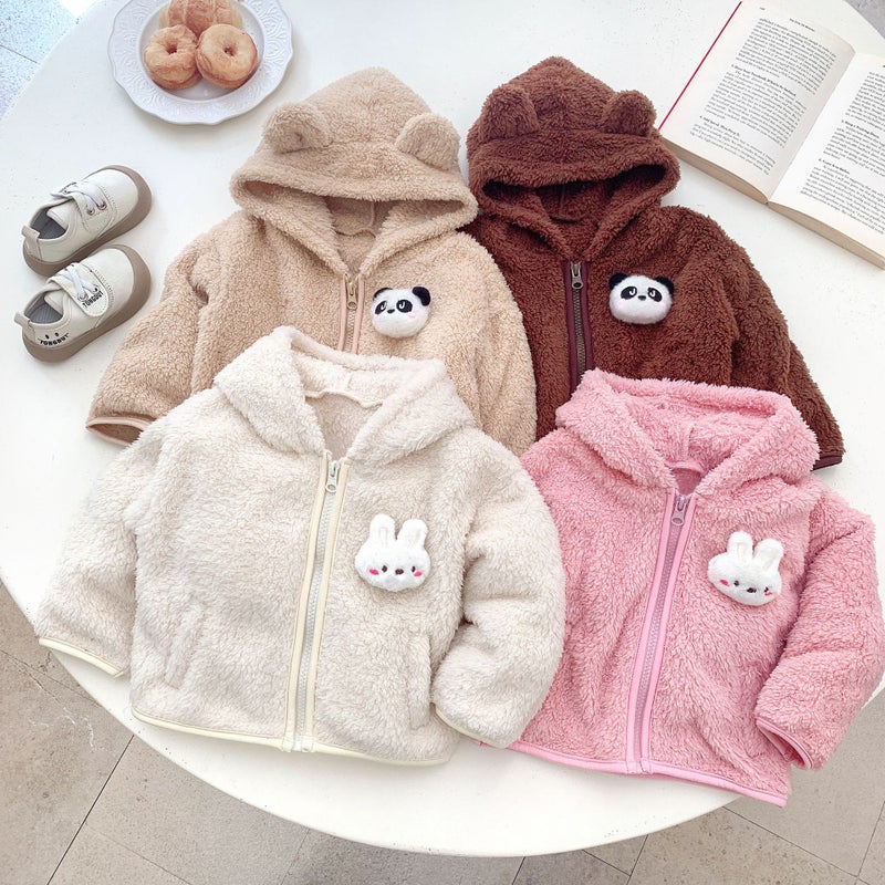 Kids Bunny Hooded Jacket Cute Fleece Autumn Winter Khaki  - Image 4
