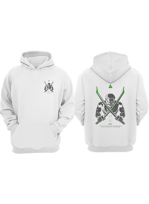 Unisex Zoro Green Sword Design Front Back Printed Regular Fit White Sweatshirt