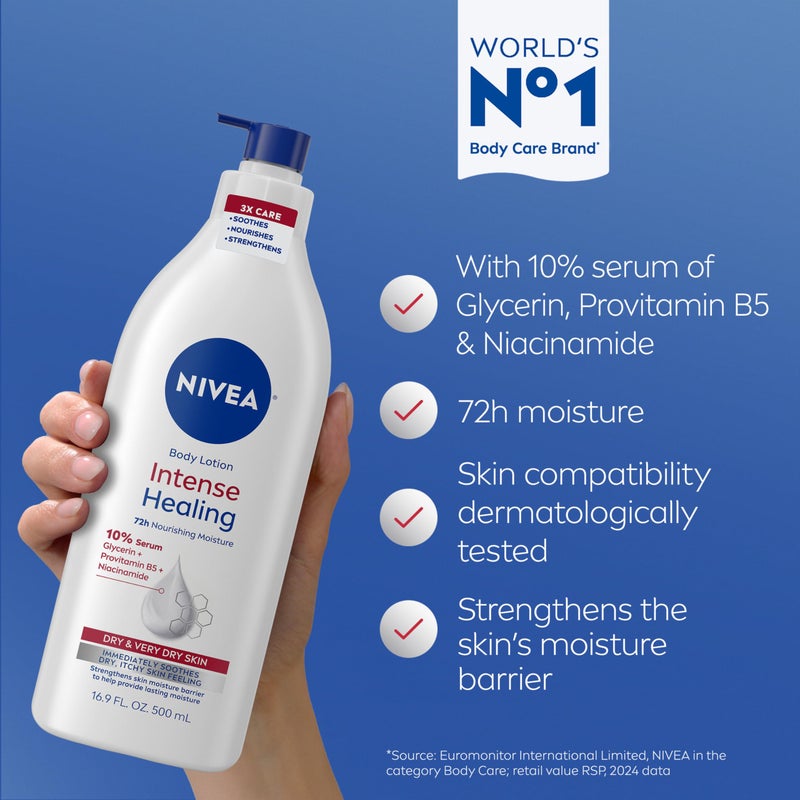 NIVEA Intense Healing Body Lotion for Very Dry, Itchy Skin with Glycerin, Provitamin B5 and Niacinamide, 72-Hour Body Moisturizer, Holiday Gifts for Self Care, 16.9 Fl Oz Pump Bottle - Image 3