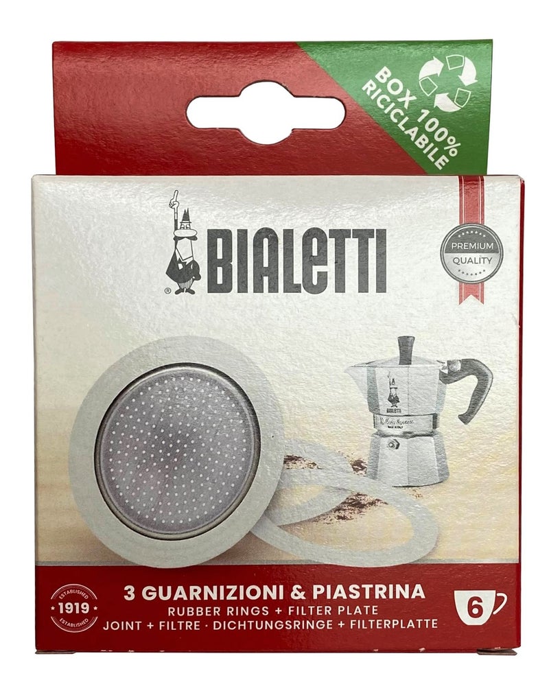 Bialetti 3 Replacement Seals and 1 Filter for 6 Cup Moka Express Blister Pack - Image 1