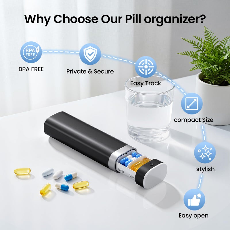 Betife Travel Pill Organizer Weekly 7 Day, Compact Daily Pill Box, Portable Medicine Case, Cute Pill Holder for Vitamins Supplements, Drawer-Shaped Pills Organizer (Black) - Image 4