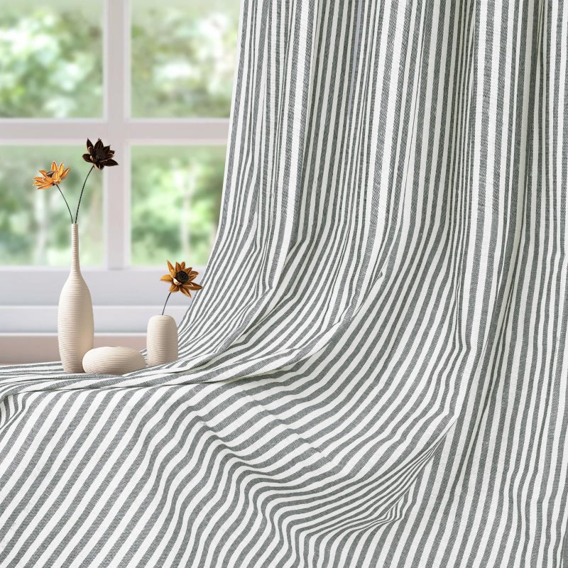 ASPMIZ Cotton Linen Farmhouse Curtains Boho Rustic Button Curtain, Linen Window Curtain Panels Green Stripe Country Curtains for Living Room Bedroom, Rod Pocket Window Drapes, 52 x 63 Inch, 2 Panels - Image 4
