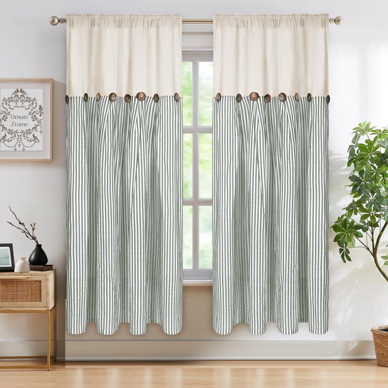 ASPMIZ Cotton Linen Farmhouse Curtains Boho Rustic Button Curtain, Linen Window Curtain Panels Green Stripe Country Curtains for Living Room Bedroom, Rod Pocket Window Drapes, 52 x 63 Inch, 2 Panels - Image 1