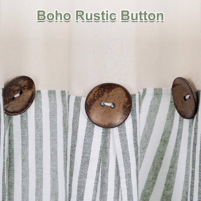 ASPMIZ Cotton Linen Farmhouse Curtains Boho Rustic Button Curtain, Linen Window Curtain Panels Green Stripe Country Curtains for Living Room Bedroom, Rod Pocket Window Drapes, 52 x 63 Inch, 2 Panels - Image 3