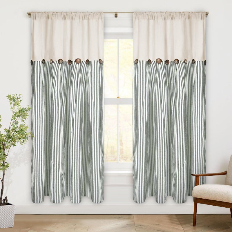 ASPMIZ Cotton Linen Farmhouse Curtains Boho Rustic Button Curtain, Linen Window Curtain Panels Green Stripe Country Curtains for Living Room Bedroom, Rod Pocket Window Drapes, 52 x 63 Inch, 2 Panels - Image 2