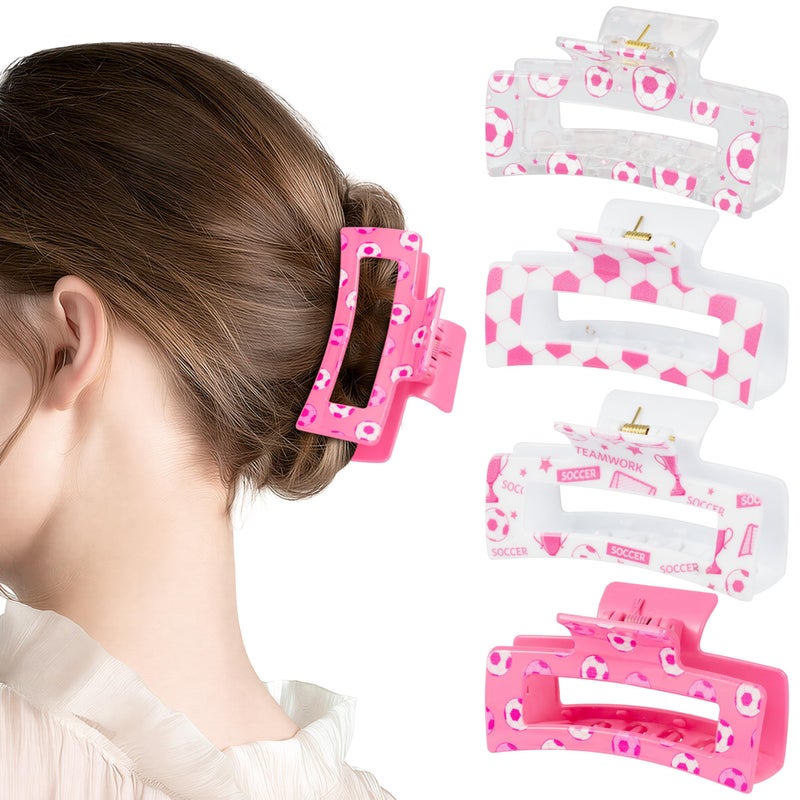 PANTIDE 4Pcs Pink Soccer Hair Claw Clips for Women Girls - Sport Game Day Cute Rectangle Nonslip Banana Hair Clips, Thin Thick Short Long Curly Hair Accessories, Birthday Party Gift for Player Team - Image 1