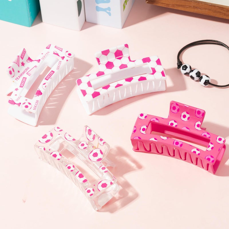 PANTIDE 4Pcs Pink Soccer Hair Claw Clips for Women Girls - Sport Game Day Cute Rectangle Nonslip Banana Hair Clips, Thin Thick Short Long Curly Hair Accessories, Birthday Party Gift for Player Team - Image 4