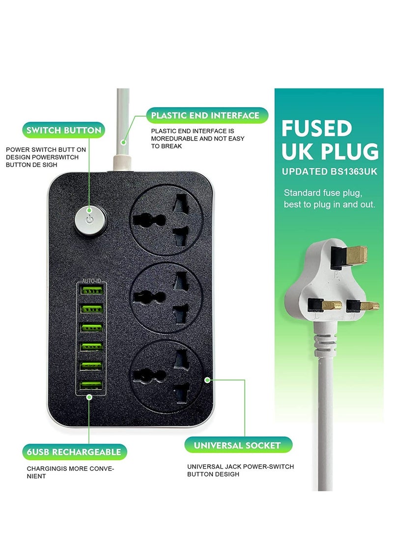 ELTRAZONE Power Strips Extension Cord 3 Outlets, Power Socket with 6 USB Ports Universal Charging Socket with 2M Bold Extension Cord - Image 2