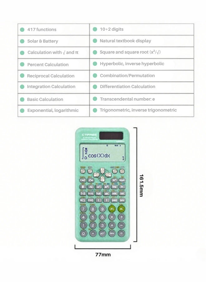CTIFREE Scientific Calculator Fx-991ex Plus Second Edition, 417 Functions Scientific Calculator, Standard Scientific Calculator for Students/Teachers/Schools - Green - Image 2