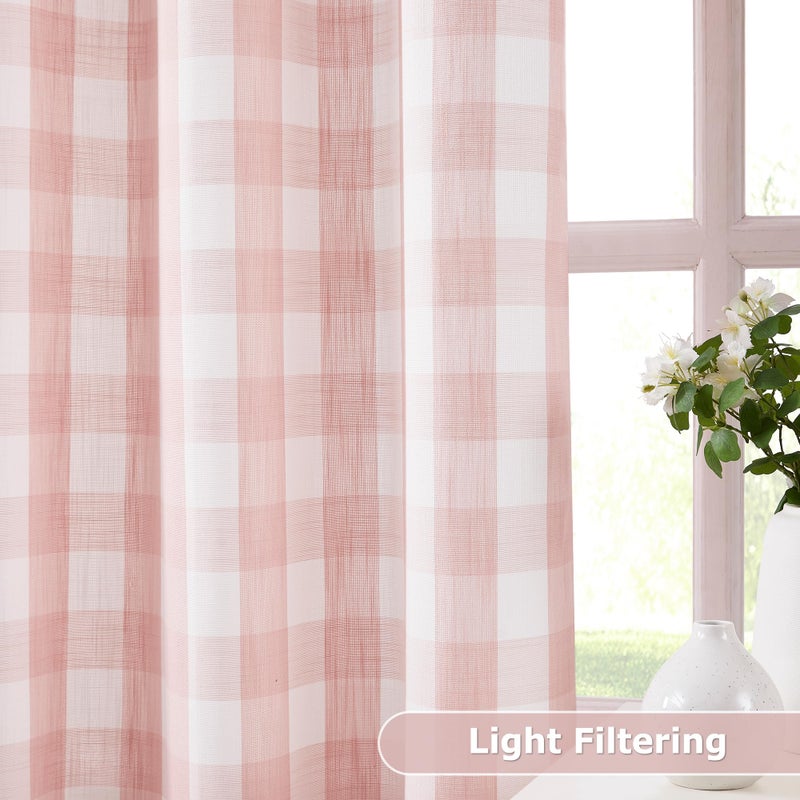Jubilantex Buffalo Check Semi Sheer Curtain Panels Pink White Gingham Curtains Farmhouse Grommet Window Drapes for Living Room Bedroom 40"x84",2 Panels - Image 3