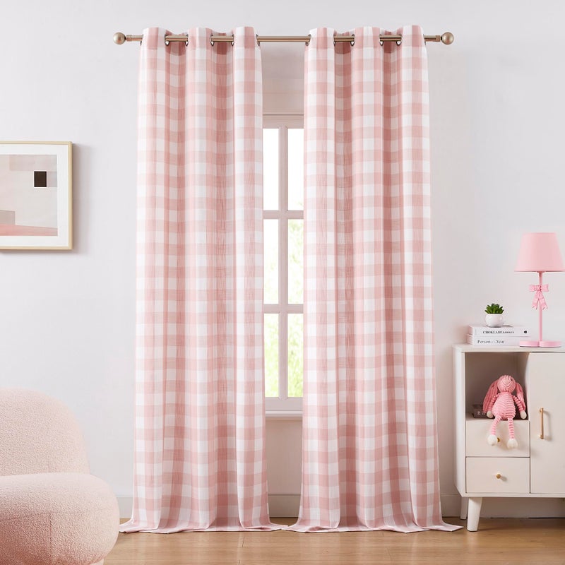 Jubilantex Buffalo Check Semi Sheer Curtain Panels Pink White Gingham Curtains Farmhouse Grommet Window Drapes for Living Room Bedroom 40"x84",2 Panels - Image 2