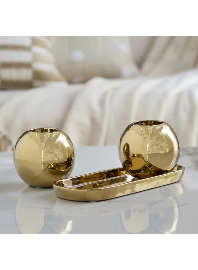 Home Box Titany Ceramic 3-Piece Tealight Candleholder With Decorative Tray Gift Set 8.5 X 8 X 8 Cm