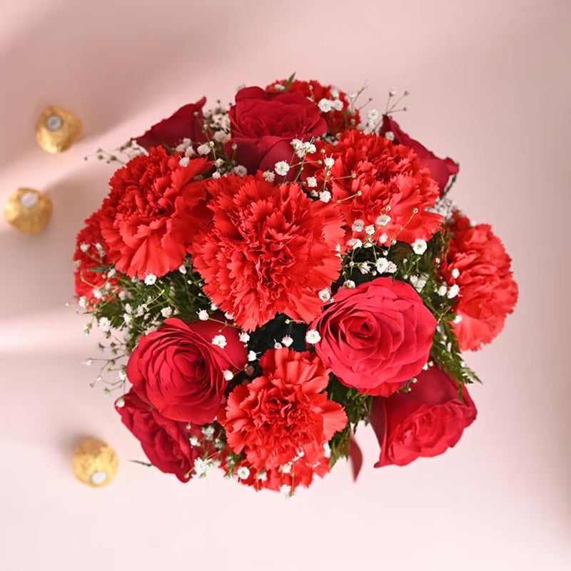 FlowerAura Love Special Fresh Live 10 Red Roses 5 Red Carnations Flowers Bouquet In Glass Vase With 4 Chocolates For Valentines Day Gift Birthday Gift Anniversary Gift Same Day Delivery - Image 2
