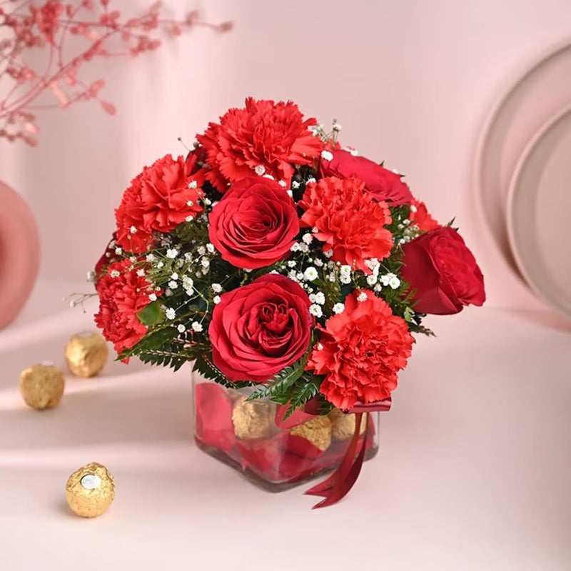 FlowerAura Love Special Fresh Live 10 Red Roses 5 Red Carnations Flowers Bouquet In Glass Vase With 4 Chocolates For Valentines Day Gift Birthday Gift Anniversary Gift Same Day Delivery - Image 1