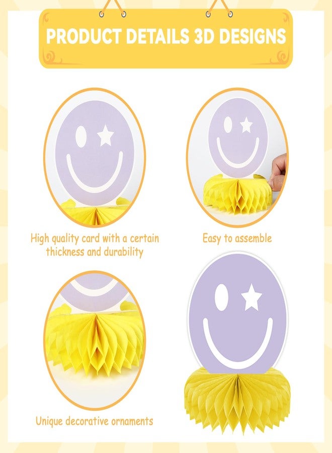 Justforjoyful 9 قطع من قطع مركزية على شكل وجه مبتسم على شكل قرص العسل، زينة طاولة على شكل وجه مبتسم أنيق بألوان الباستيل السعيدة، لوازم حفلات أعياد الميلاد بألوان قوس قزح الملونة، ديكورات حفلات توديع العزوبية - Image 3