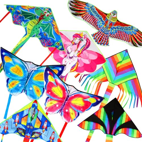 Arrowbash 8 Pack Kites for Kids Large Butterfly Dragon Eagle Unicorn Rocket Delta Flying Long Kite with 8 Pcs 328 ft Strings for Outdoor Game - Image 1