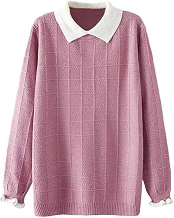 Minibee Women's Pan Collar Knitted Sweater Casual Pullover Sweatshirt Style1 Pink M - Image 1