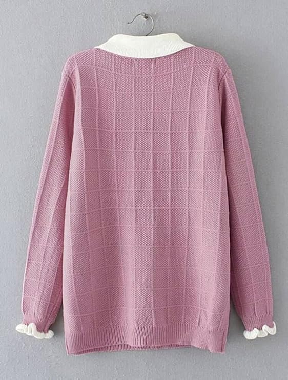 Minibee Women's Pan Collar Knitted Sweater Casual Pullover Sweatshirt Style1 Pink M - Image 3