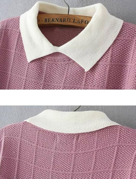 Minibee Women's Pan Collar Knitted Sweater Casual Pullover Sweatshirt Style1 Pink M - Image 2