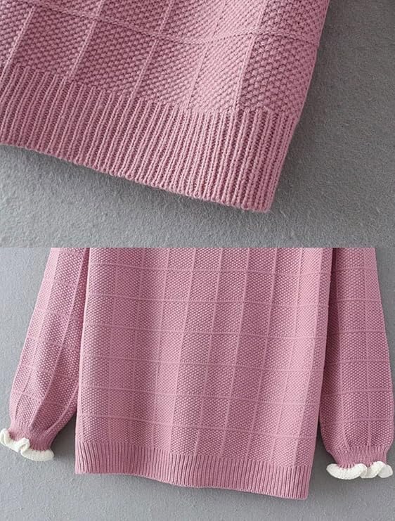 Minibee Women's Pan Collar Knitted Sweater Casual Pullover Sweatshirt Style1 Pink M - Image 4