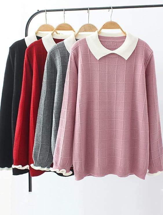 Minibee Women's Pan Collar Knitted Sweater Casual Pullover Sweatshirt Style1 Pink M - Image 5